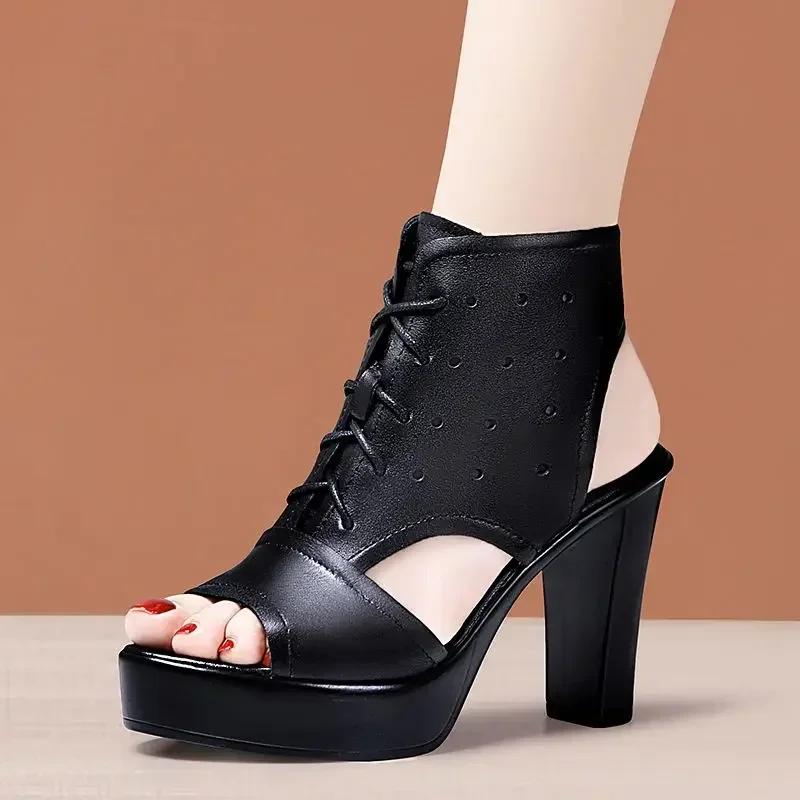 Small Size 32-43 Sexy Genuine Leather Sandals Women\'s Platform Shoes Summer 2024 Black Block High Heels Gladiator Sandals Office