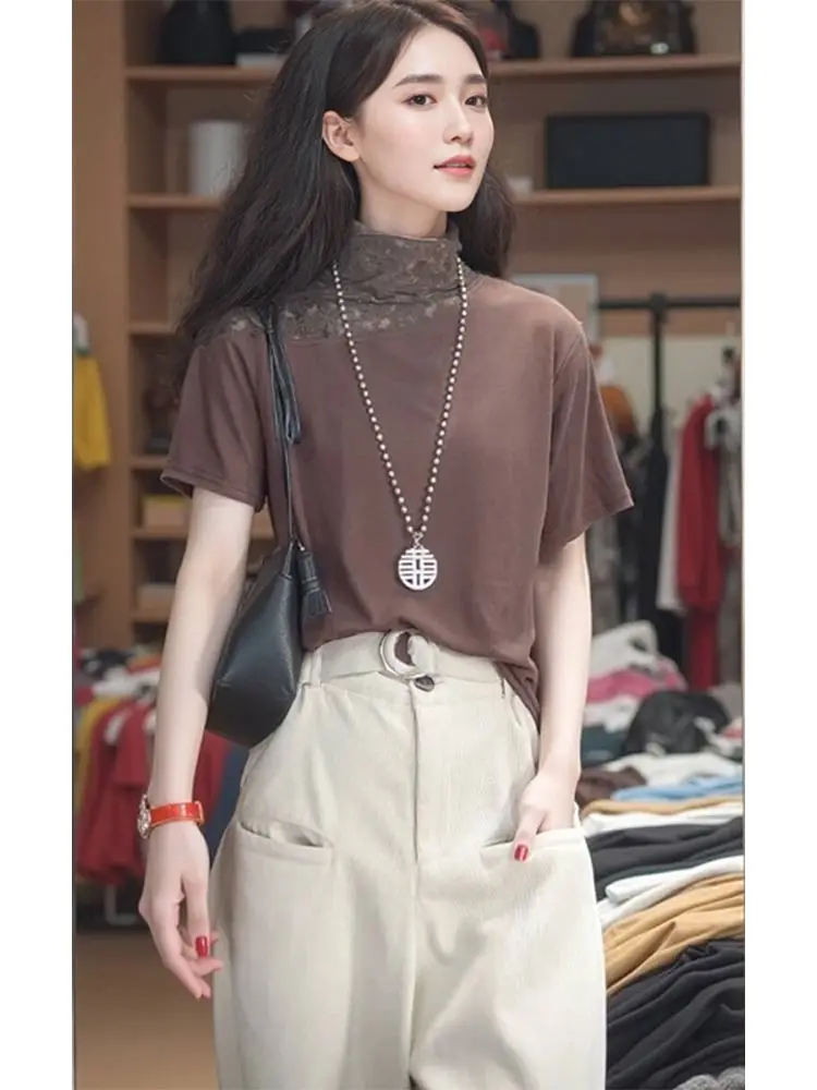 Lace Half High Collar Short Sleeve T-Shirt Women's Loose Slimming Summer New Style Pure Color Top Fashionable Spring Regular Fit