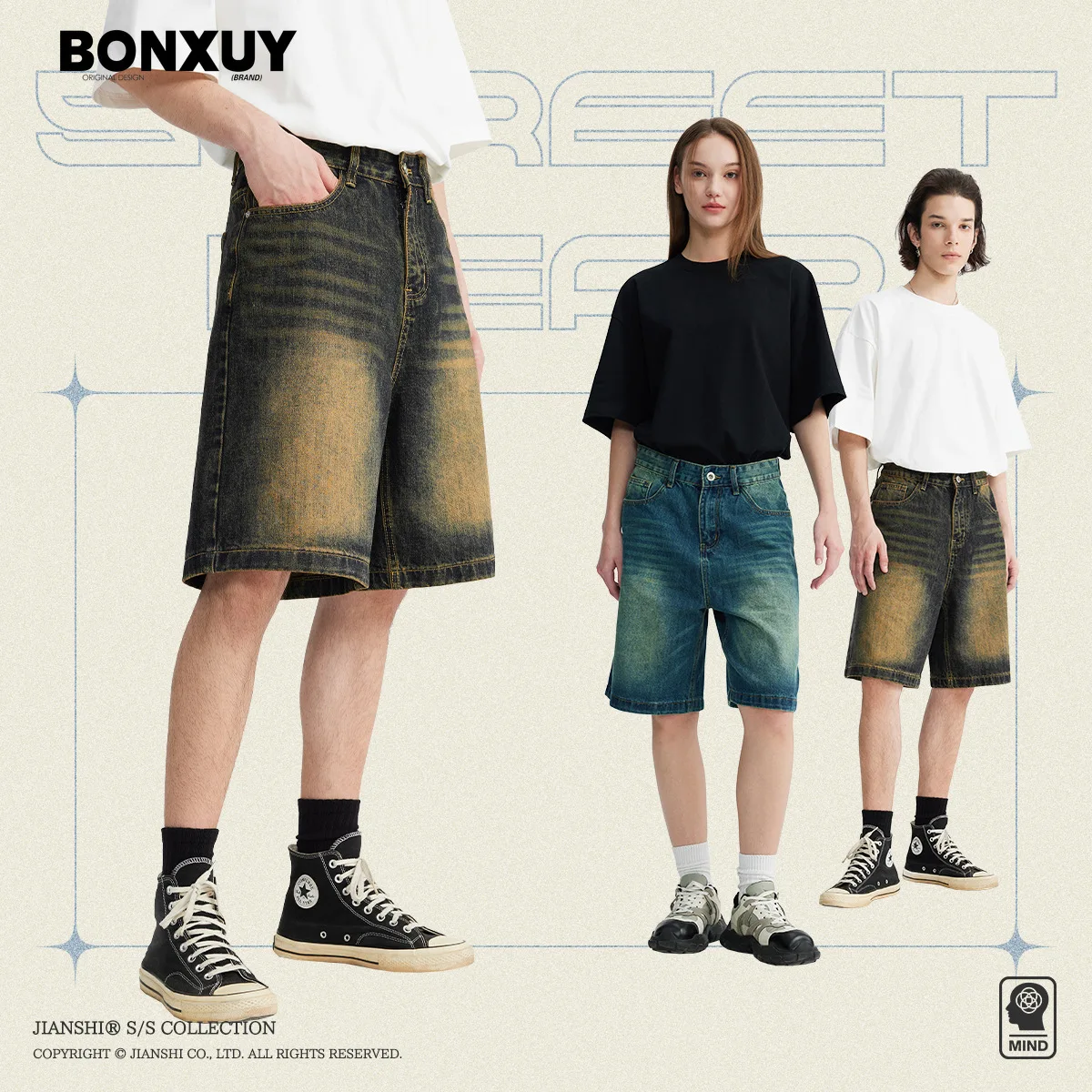 

BONXUY Summer retro Korean version of the old baggy denim shorts men's new washed tide street personality five-minute pants