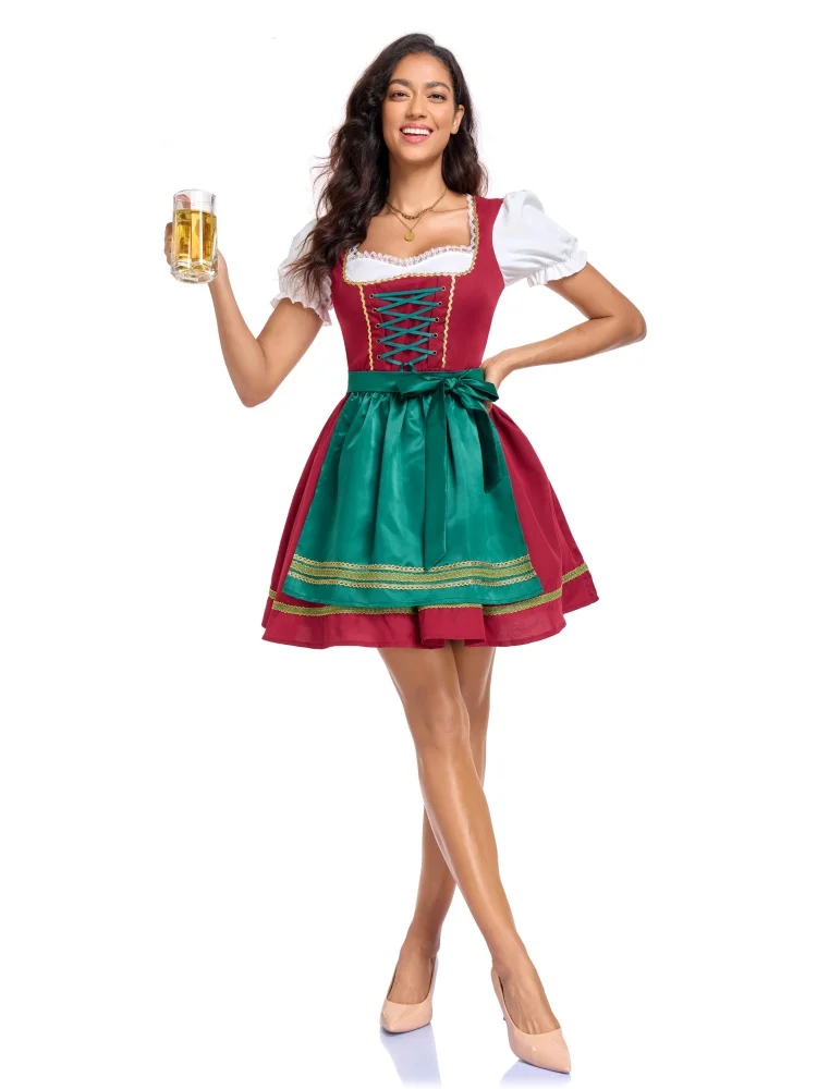 Damen Oktoberfest Puffärmel-Kleid Bayerisches Dirndl Grünes Satin-Schürzen-Outfit Festival Karneval Party Kostüm 2026 – Detail 5