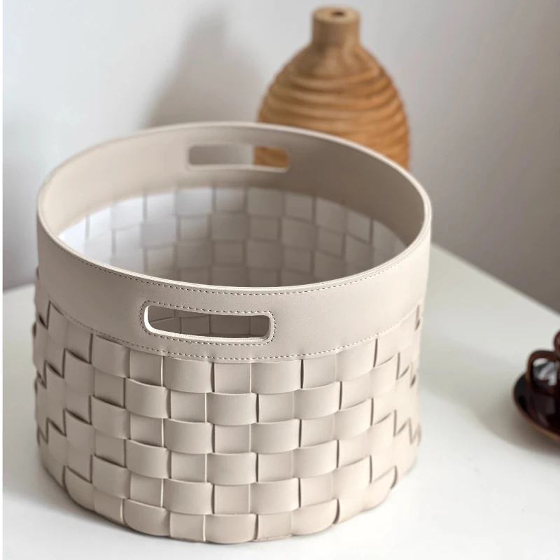 

‌Instagrammable Leather Storage Basket Nordic Luxury Debris Closet Organizer Woven Bathroom Hamper Designer Home Storage Box
