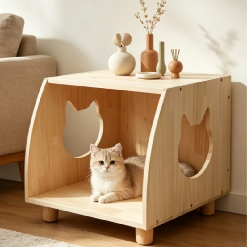 Solid wood dual-purpose cat nest edge, cat head hollowed out semi-closed cat house