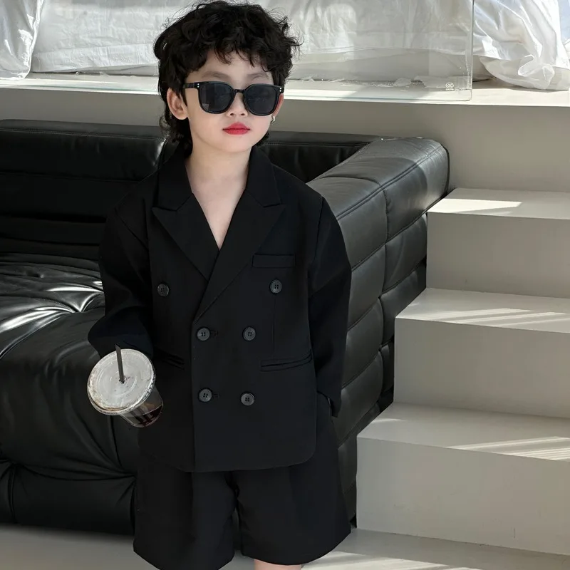 Summer Autumn Boys Two Piece Set Suit Full Sleeve Top Short Pant Cool Outdoor Loose Fashion Turn-down Collar