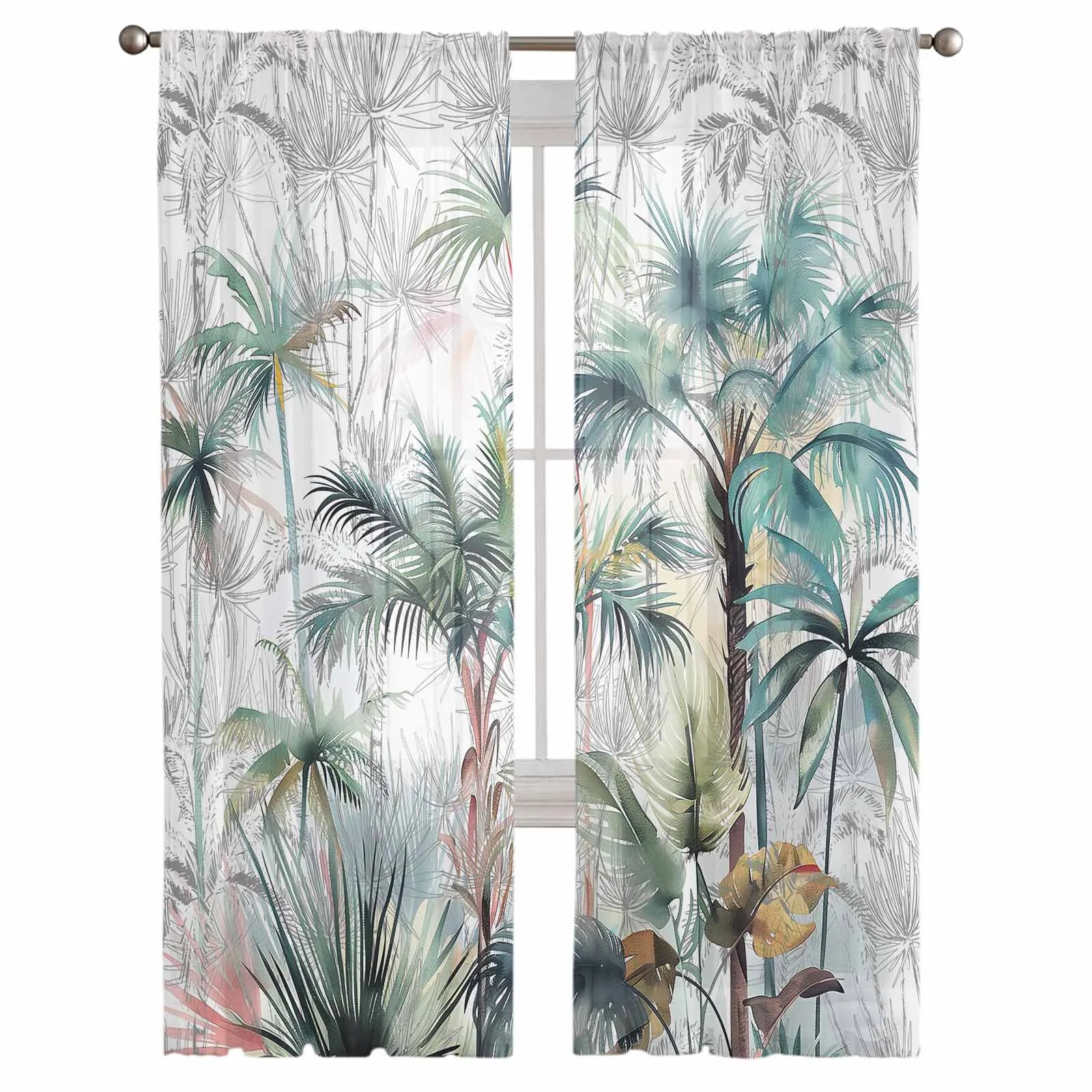 Tropical Plant Palm Tree Sheer Tulle Curtains for Living Room Valance Curtains Kitchen Bedroom Window Voile Drapery