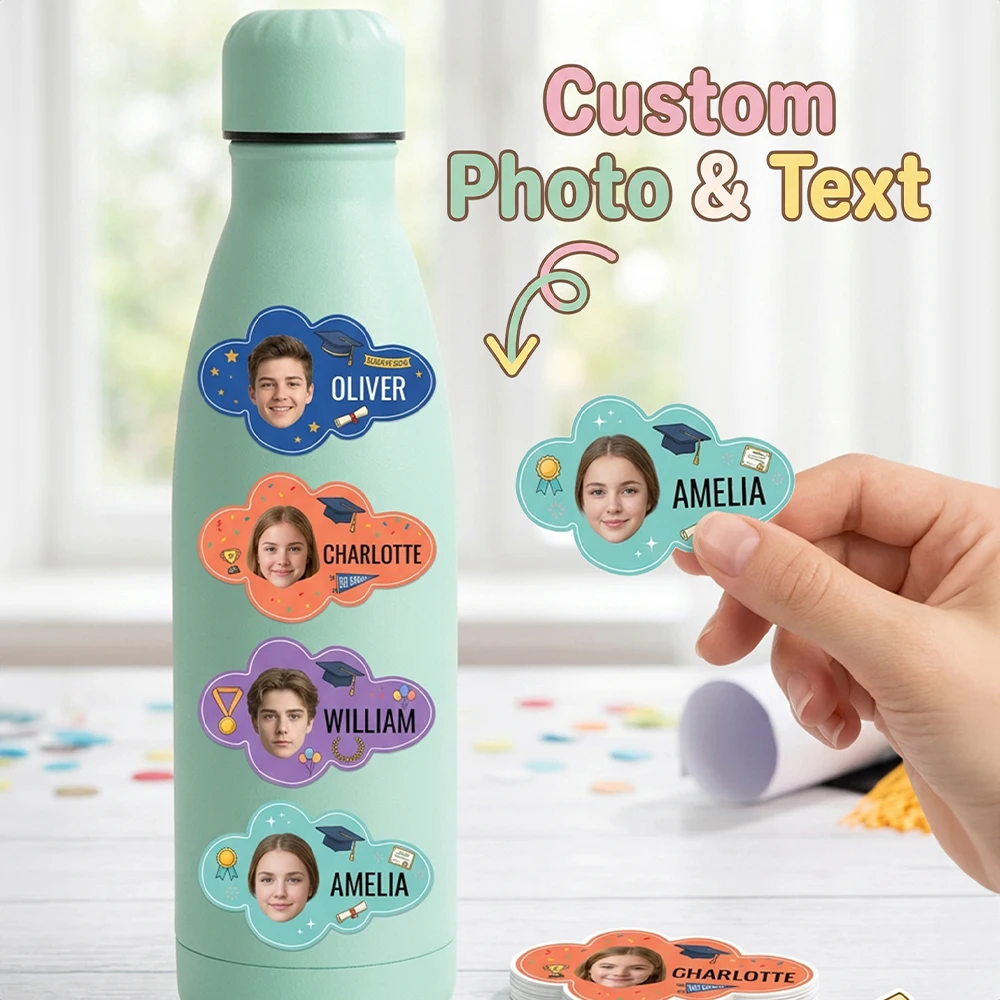 Customizable Photo Stickers with Name,Graduation Themed Decals,Party Favors,School Projects,Laptop & Phone Case Decoration
