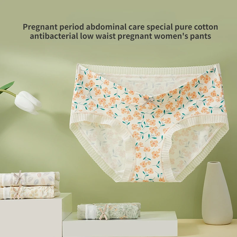 

Pregnant Women's Underwear Low Waist Belly Support Breathable Floral V-shaped Comfortable Pure Cotton Antibacterial