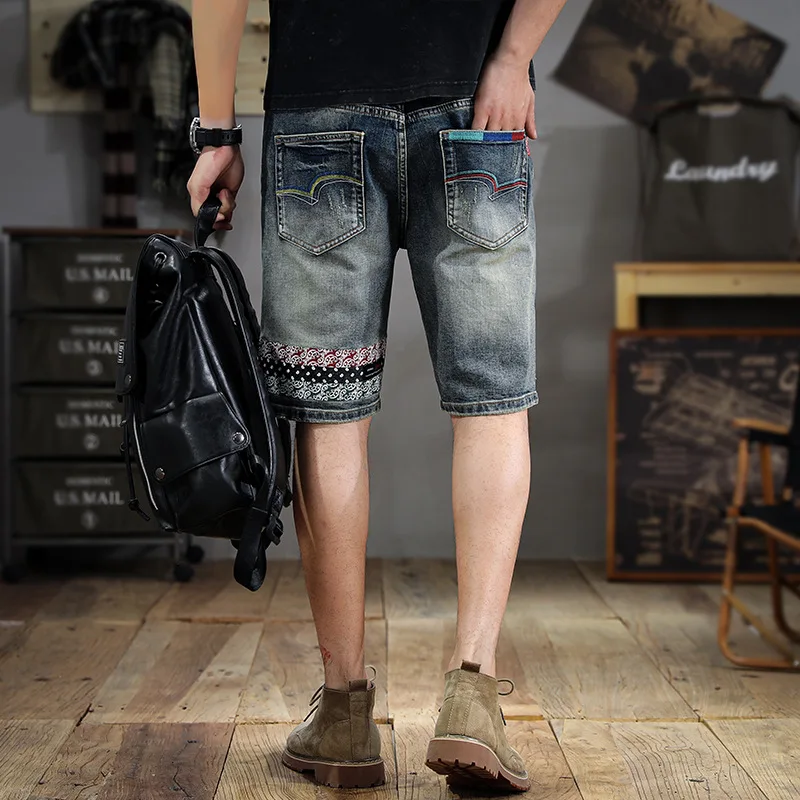 Denim Shorts Men's Summer Trendy Ripped Straight Ins Fashion Embroidered Printed Middle Pants Scrape Distressed Casual Shorts