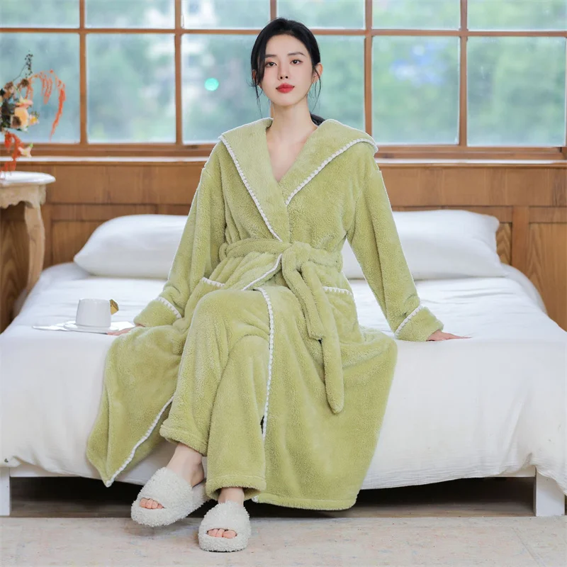 Women New Autumn Winter Nightgown Thicken Warm Flannel Robes Long Sleeve Hooded Sweet Cute Comfortable Home wear