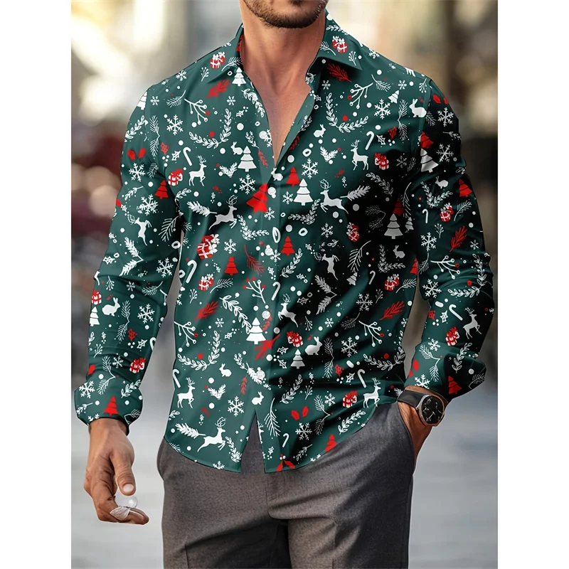 عيد الميلاد سانتا كلوز نمط الرجال قمصان طويلة الأكمام للرجال عيد الميلاد الديكور ثلاثية الأبعاد بلوزة مطبوعة قمصان فضفاضة غير رسمية بلايز