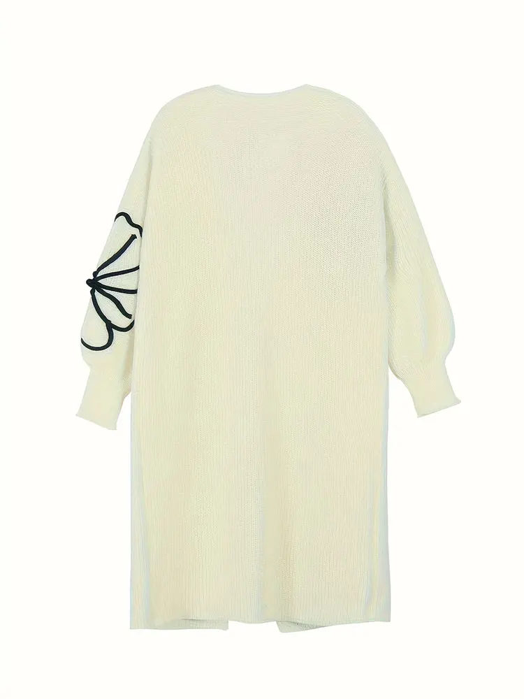 HotSale التخليص حجم كبير سترة طويلة أنيقة تنوعا الأزهار طويلة الأكمام محبوك سترة الخريف المرأة سترة للبيع