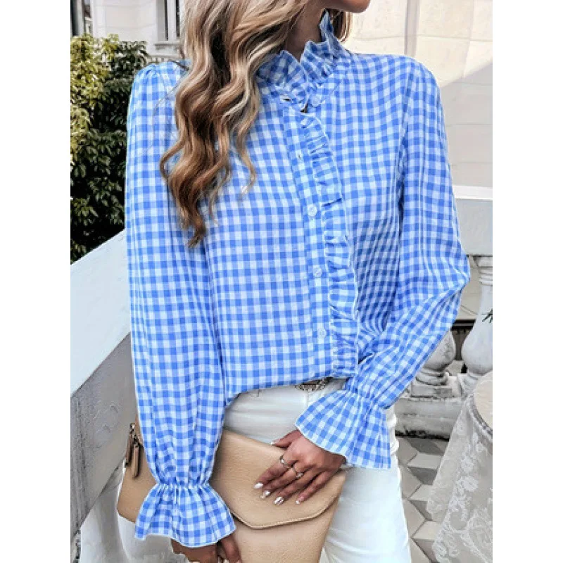 Klassisches Karohemd-Blusen-Oberteil für Damen, französisches Kontrast-Button-Down-Oberteil, Hemden, Frühling-Sommer-Set