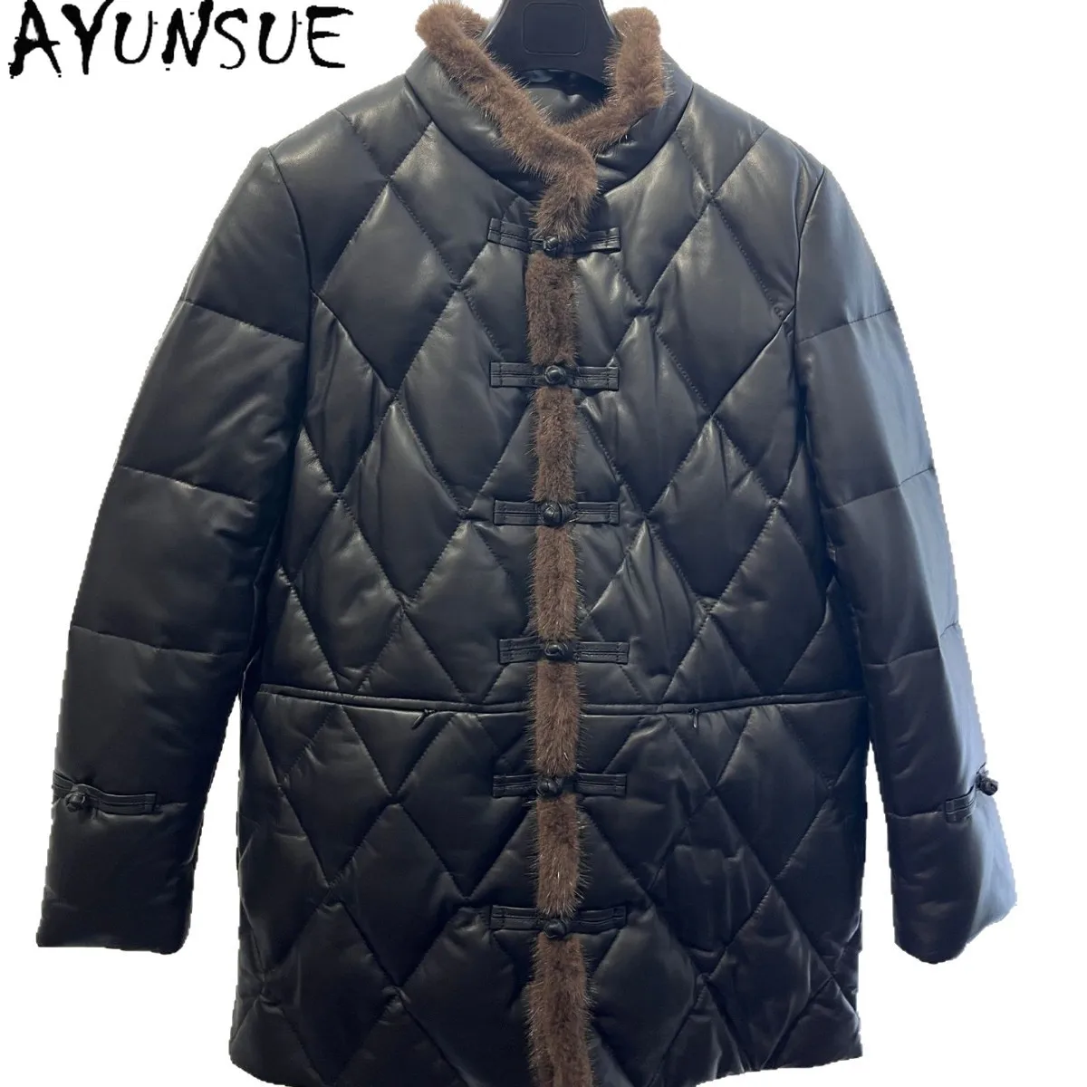 

AYUNSUE 100% Sheepskin Genuine Leather Jacket Winter Clothes Women Fashion Down Coats Woman Warm Mink Fur Collar Loose Fit