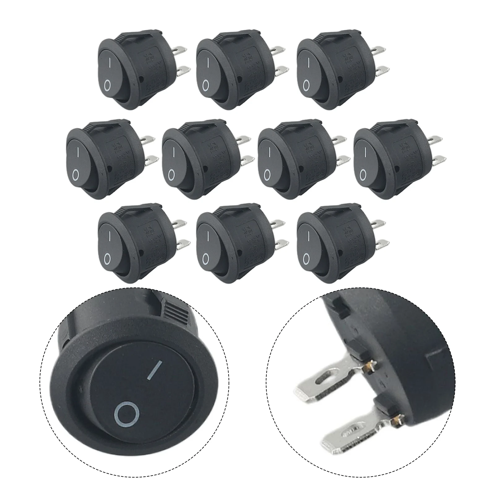 10Pcs Snap-In Toggle Switch 2 Pin Round Rocker Boat On/Off Switch AC 12v 6A 250V For Car Auto Boat Switches Interior Accessary