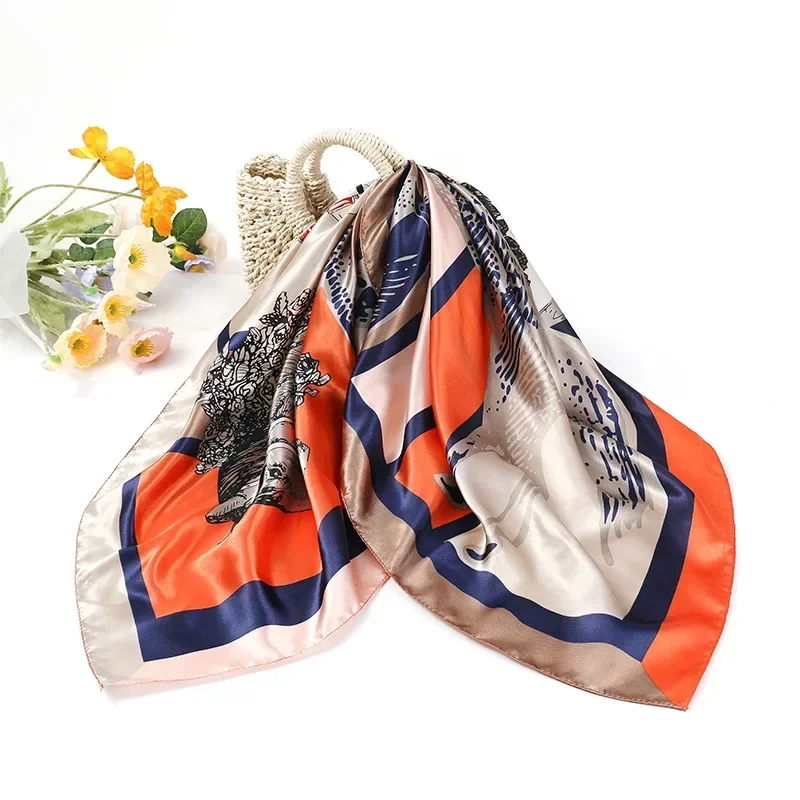 2023 Silk Shawl Square Scarf For Women Print Headband Satin Hair Bands Neckerchief Female Head Wraps Bandana 90cm*90cm