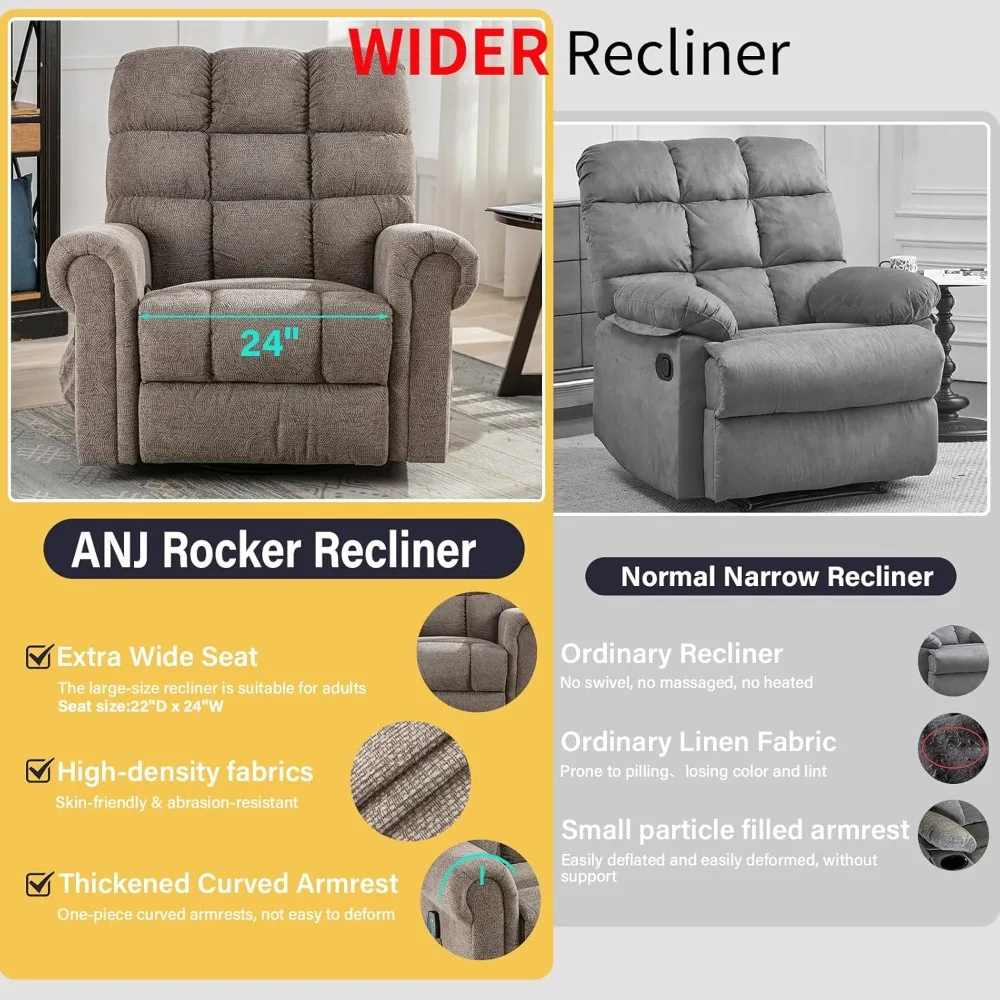 Oversized Rocker Recliner Chair with Massage and Heat, Manual Overstuffed Swivel Recliners for Big Man, Large Glider Rocking