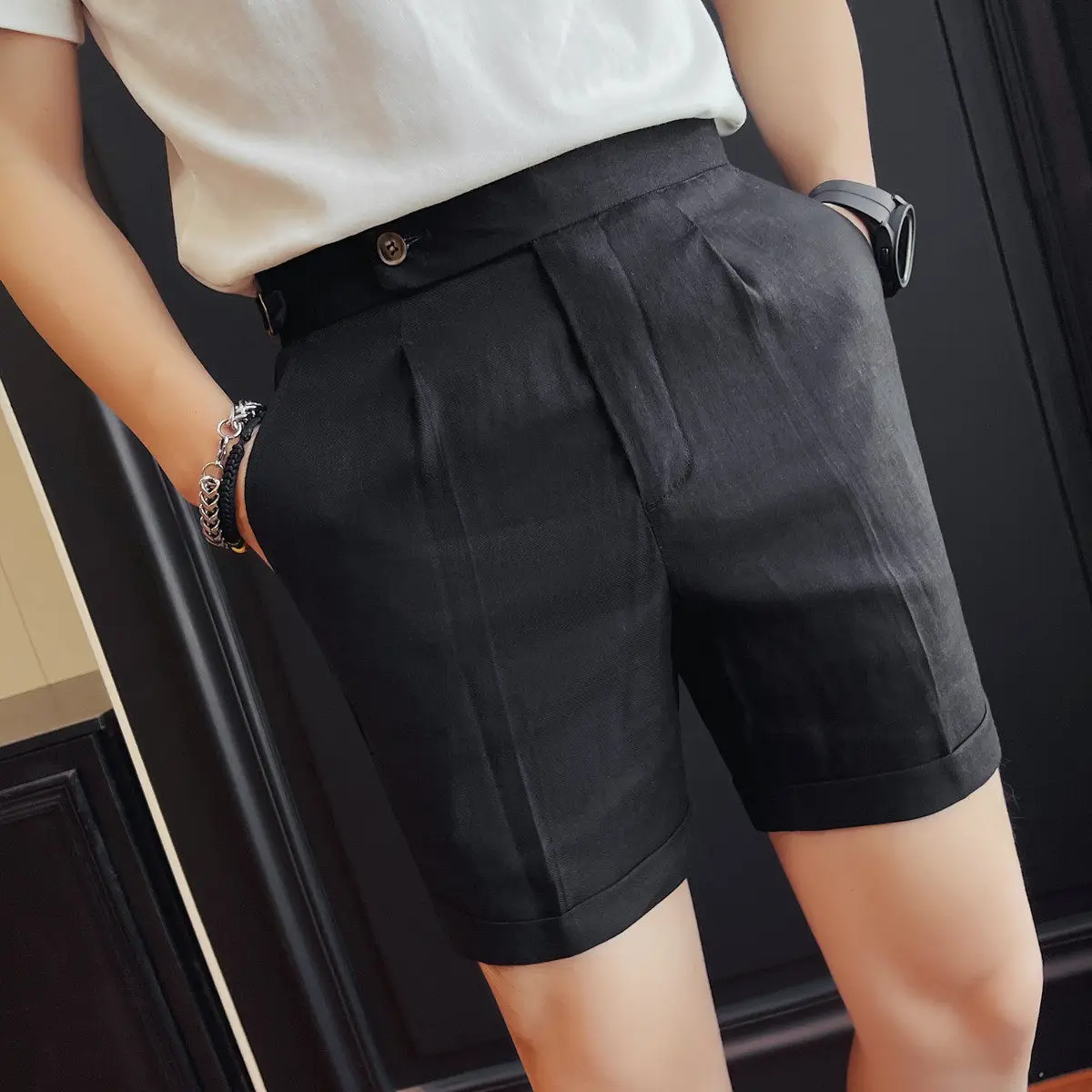 2026 Summer Linen Shorts Men's Thin Breathable Slim Fit Five Quarter Pants Casual Business Suit Shorts Beach Vacation Pant