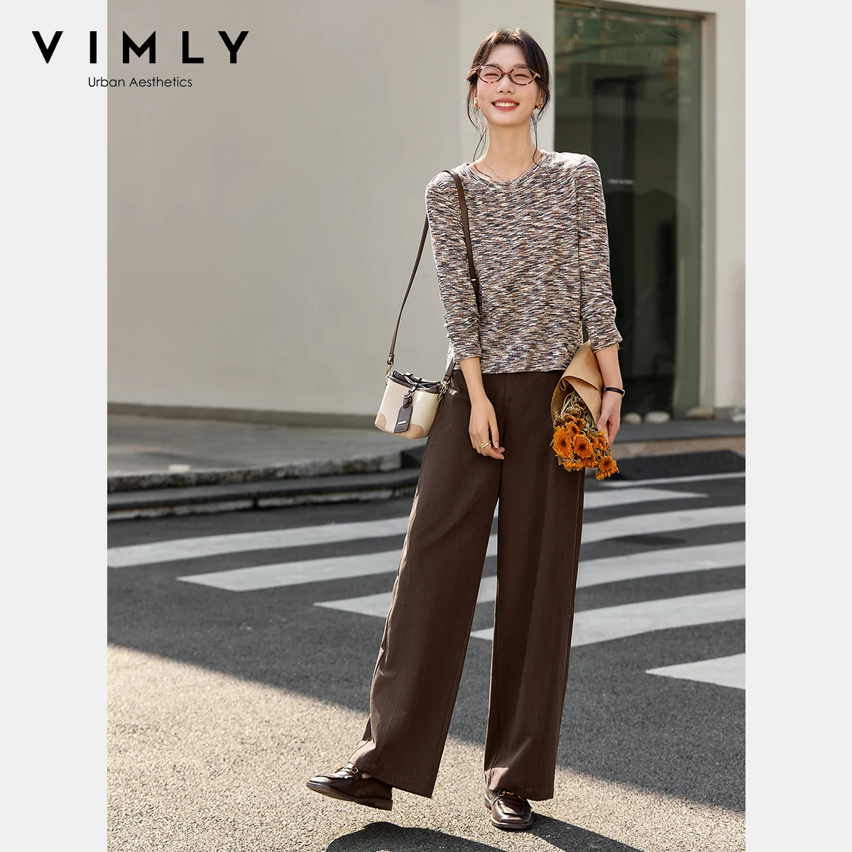 

VIMLY Two Piece Pant Sets Woman Autumn 2025 Casual Knitted Round Neck Tops Loose Baggy Pants Elegant Female Trouser Sets A3078