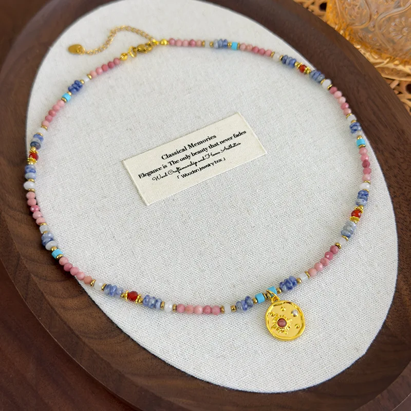 

Minar Bohemian Colorful Natural Stone Copper Beads Strand Beaded Sun Pendant Necklaces for Women Gold Plated Alloy Chain Chokers