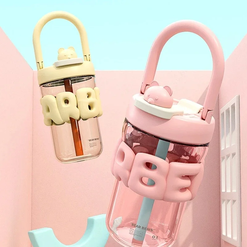 

520ML Cute Summer Bear Water Bottle with Straw Large Capacity Portable Water Bottles Gift for Girls Tritan Kids Travel Cup Drink