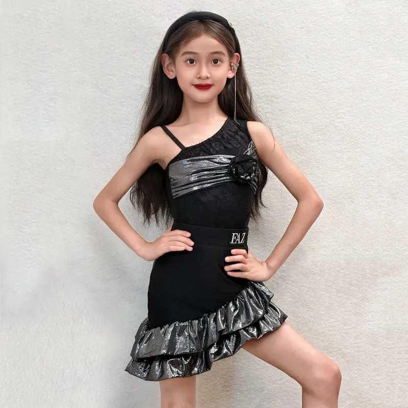 

2026 Latin Dance Practice Clothes For Girls Sloping Shoulders Tops Split Skirts Suit Samba Chacha Latin Dance Costumes XH4910