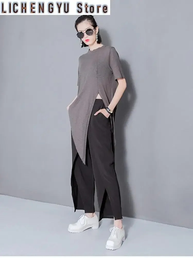 

Women White Solid Color Asymmetrical Vent Long T-shirt New Round Neck Short Sleeve Fashion Tide Spring Summer