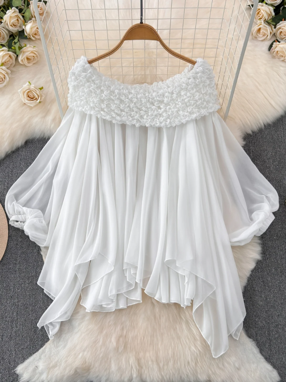 

Fairy T Heavy Embellied Bubble Sve Asymmetrical Hem Chiffon Top Sweet One oulder Folded Design Long Sve Pure Color