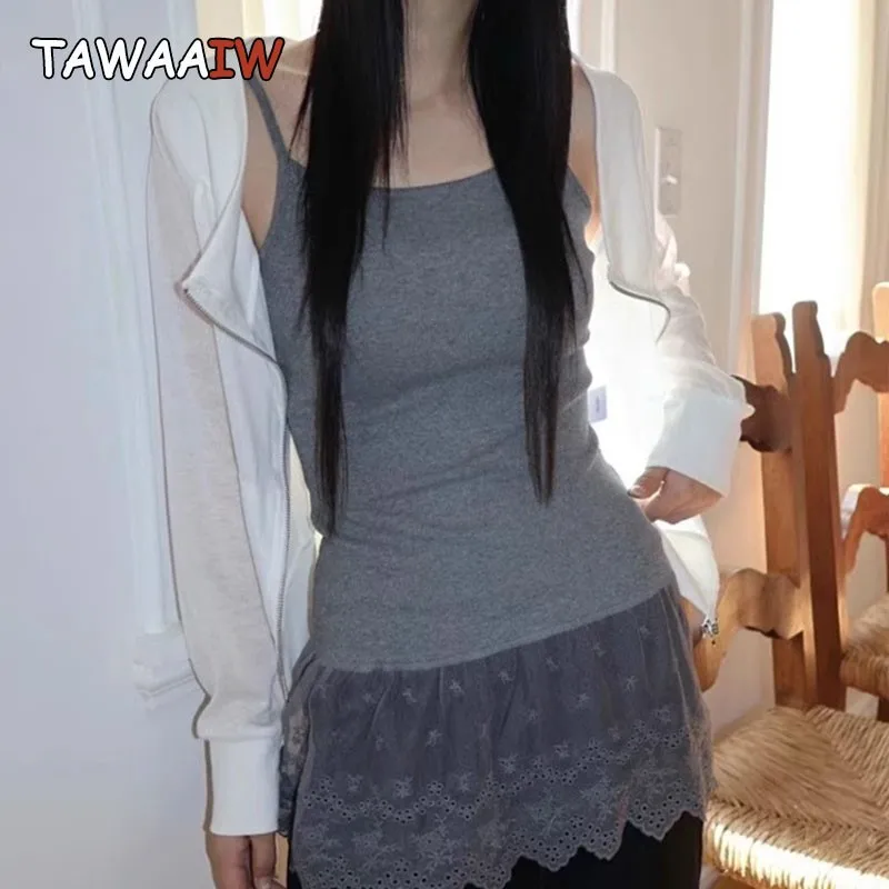 Tawaaiw Fairycore Korean Fashion Halter Tops Sleeveless Patchwork Lace Tank Tops Camisole 2000s Clothes Y2k Tanks Chic