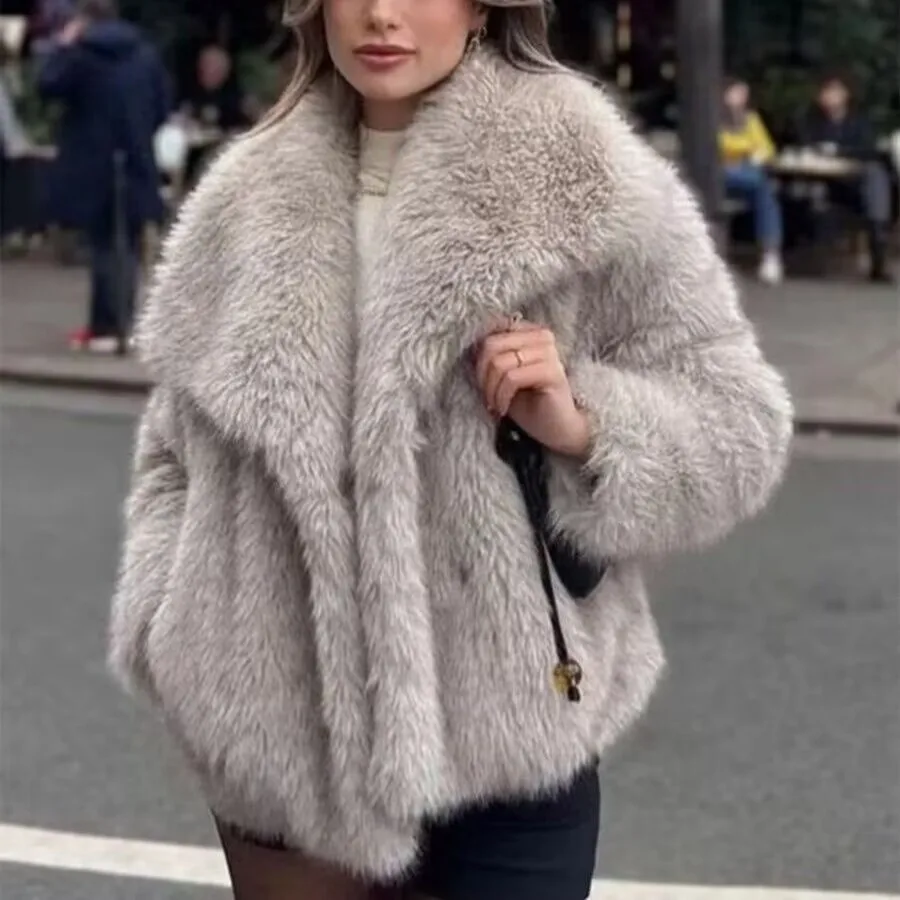 Street Faux Fur Patchwork Jacket Women Design Sense Long Sleeves Casual Female Coat 2026 Autumn Winter Lady Streetwear New