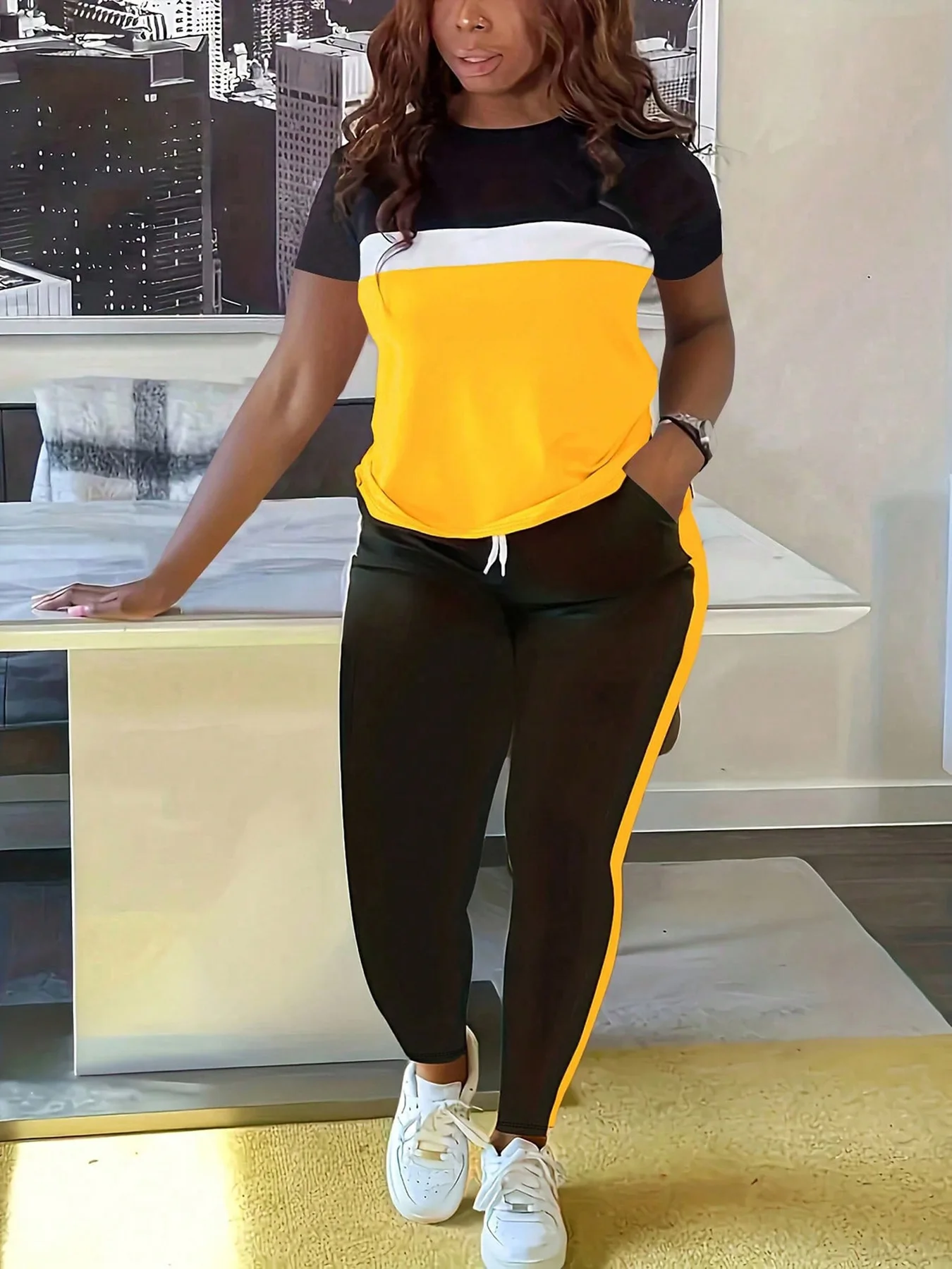 T-Shirt + Hose, Sport-Sets, Damen, lässig, kurzärmelig, gestreift, bedruckt, T-Shirts, Outfits, modisch, Jogger, elastische Hosen, zweiteilige Sets