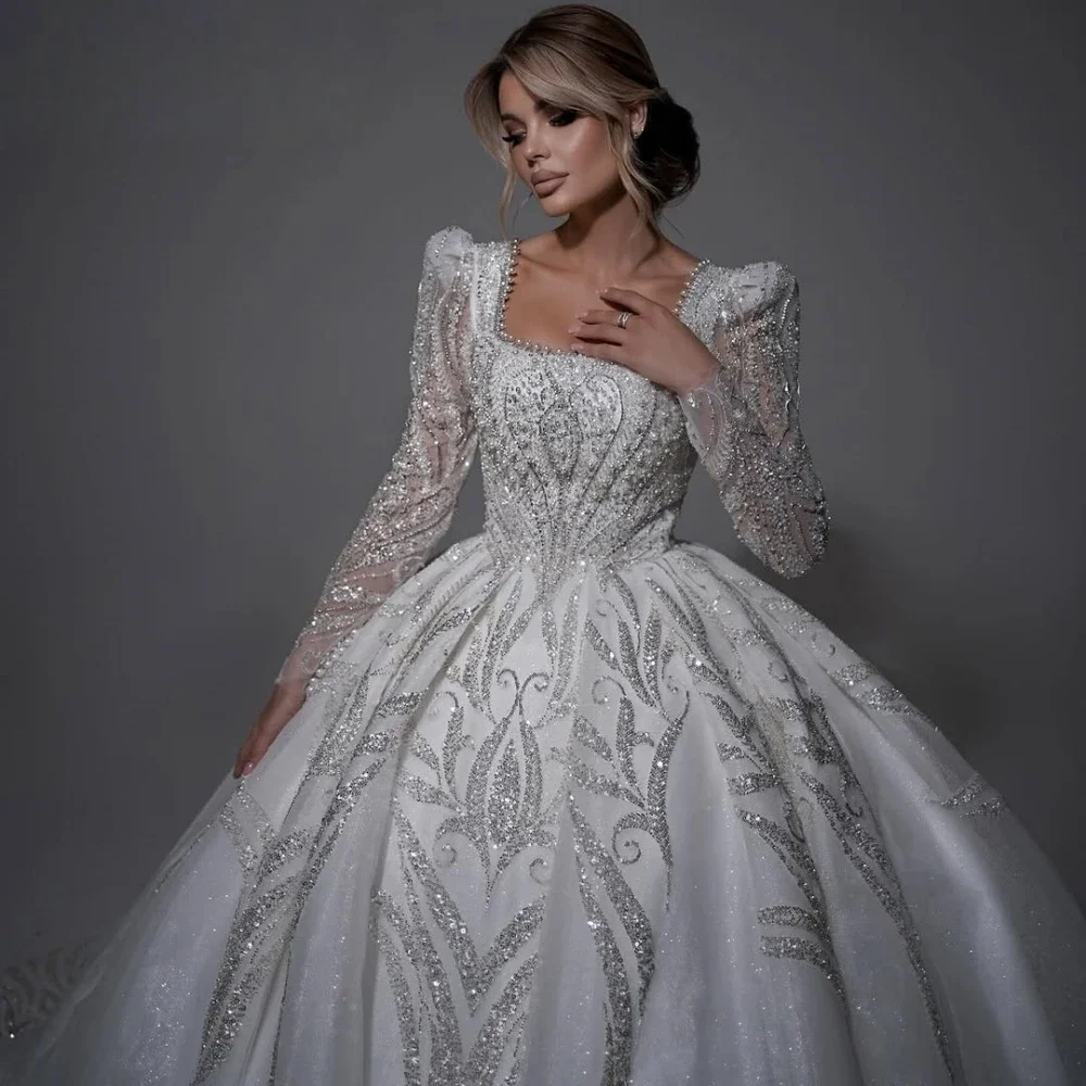 

Шикарное свадебное платье с жемчужными бусинами и шлейфом, квадратным вырезом и пышными рукавами, индивидуальный пошив из органзы для невесты