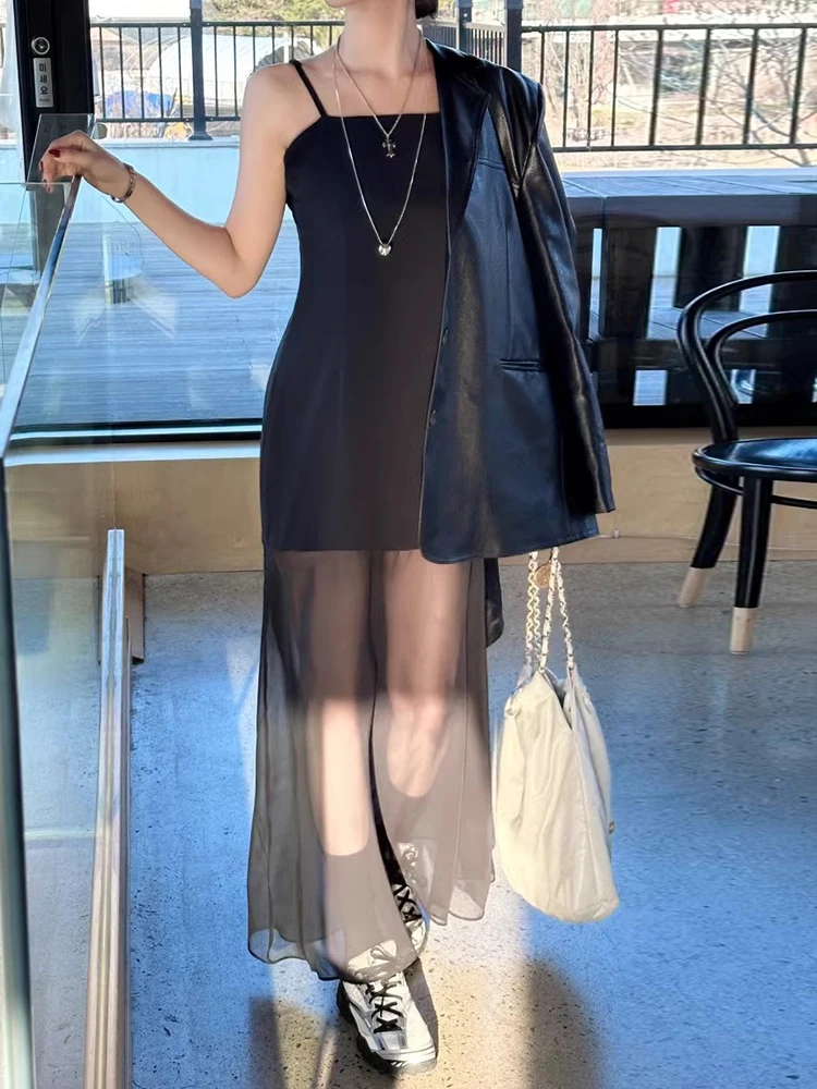 Liangliang Summer New Sle Colletto quadrato Dr da donna Splicing Me Strap Long Dr Vita alta Versione coreana Svel