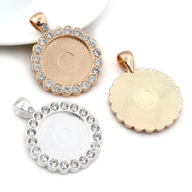 5pcs 20mm Inner Size Bright Silver Plated KC Gold Transparent Rhinestone Style Cameo Cabochon Base Setting Pendant