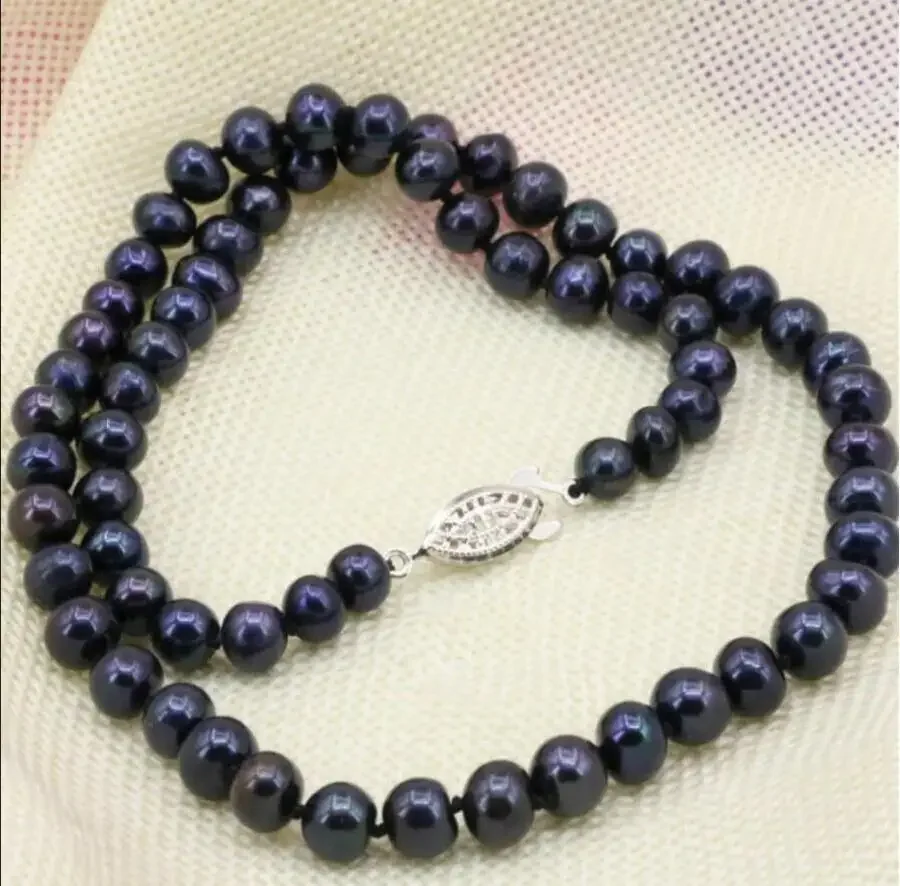 

Black pearl necklace jewelry natural freshwater pearl necklace 18" New 7-8mm gem