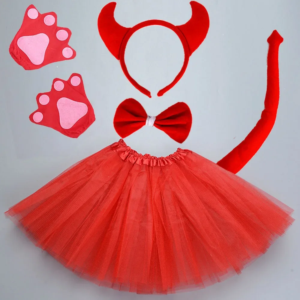 Demon Animal Cosplay Costume pour enfants, oreille maléfique, rouge, noir, fête d'anniversaire, Halloween, femmes, filles