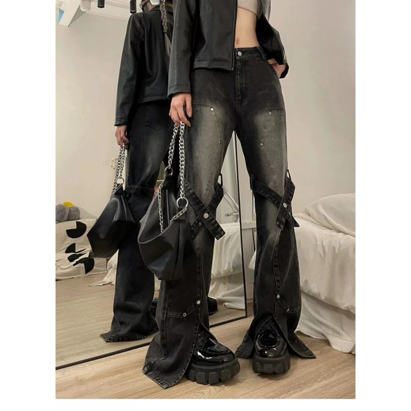 

High Waist Loose Fit American Retro Bell Bot Jeans Men's Women's New Trendy Brand Functional Workwear Pants Breathable Spr...