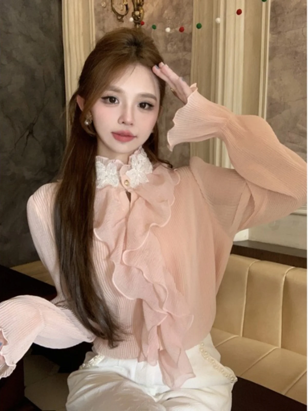 

Ele Splicing Chiffon irt with Bell Sves Stand Collar Pearl Beads Lace Trim Design Autumn Faion Women's Premium Top