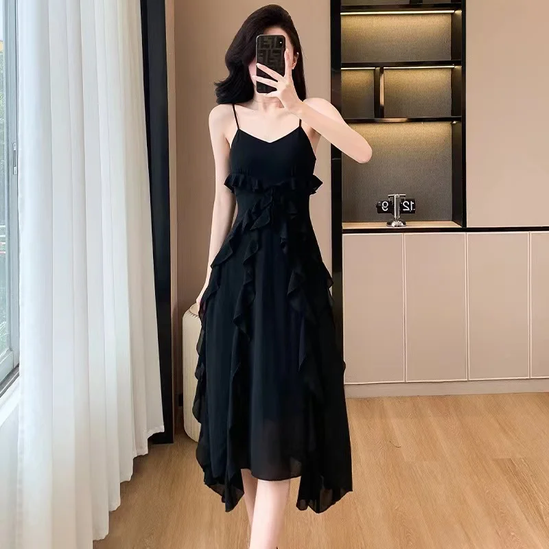 

Summer New Ruffled Black Suspender Dress Women's Design Sense Irregular V-Neck Sleeveless Casual A-Linie Chiffon Long Skirt