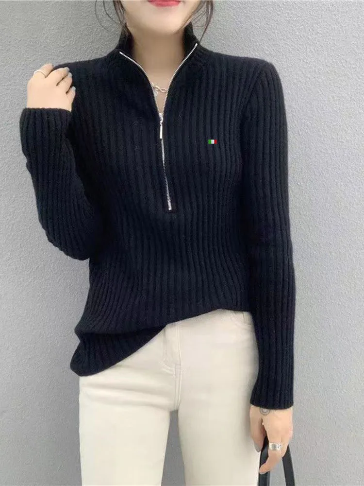 Women Winter Solid Color Long Sleeve High Neck Zipper Pullover Knitted Wool Sweater Thickened Slim Fit Korean Casual Female Coat