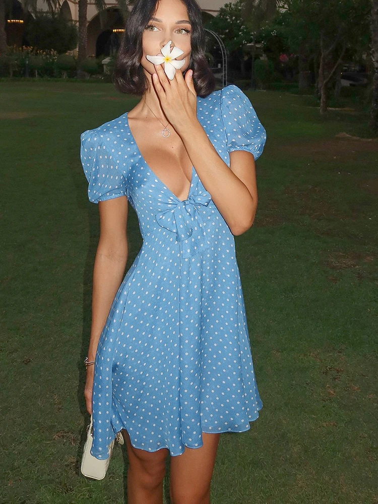 

Fantoye Summer New Print Polka Dot Zipper Women Dress Blue Short Sleeve V-neck Bandage Mini Dress Summer Slim Elegant Streetwear