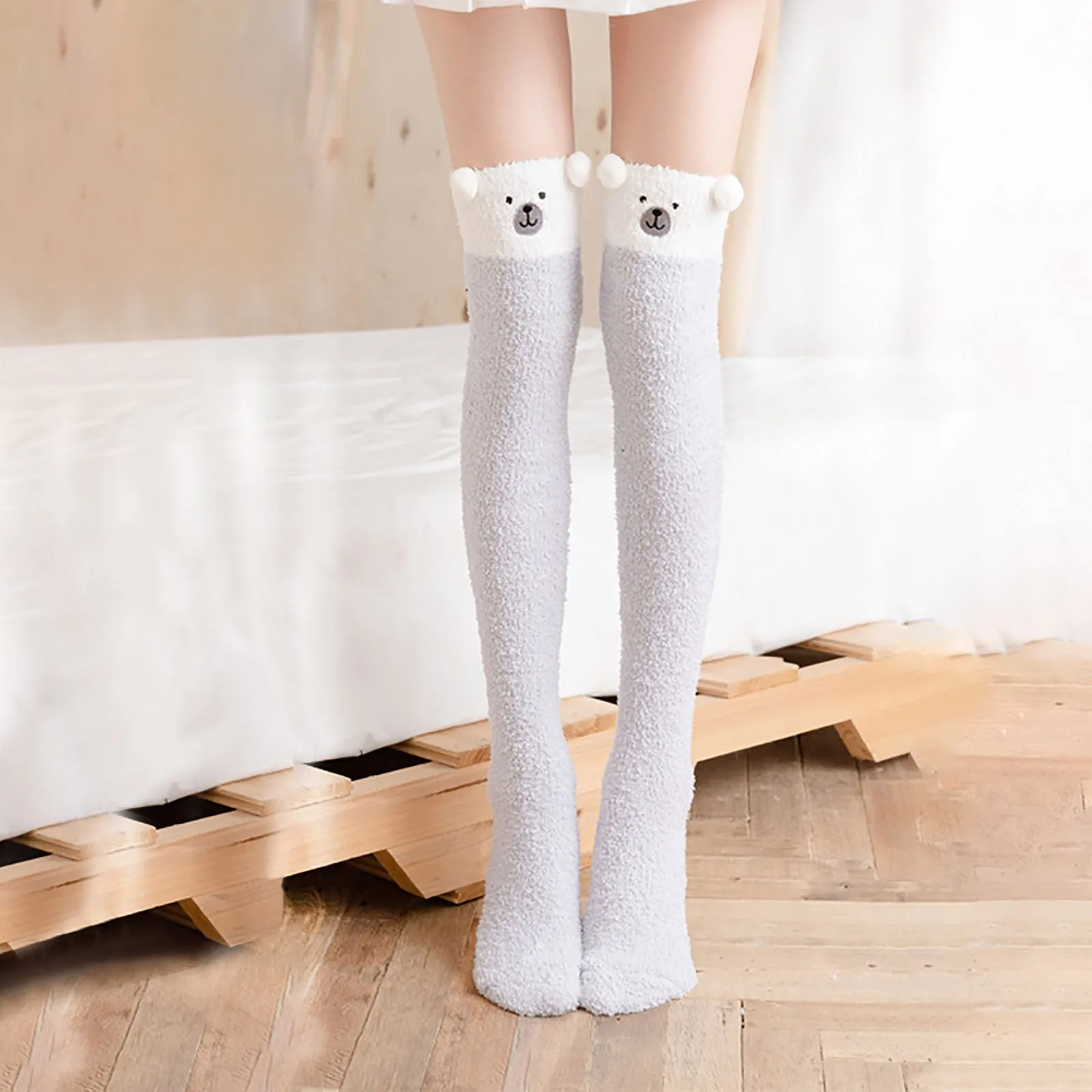 

Women's Cute Cartoon Animal Knee Length Coral Wool Socks Thickened Warm Home Floor Stockings Japanese Korean Student Girls Socks