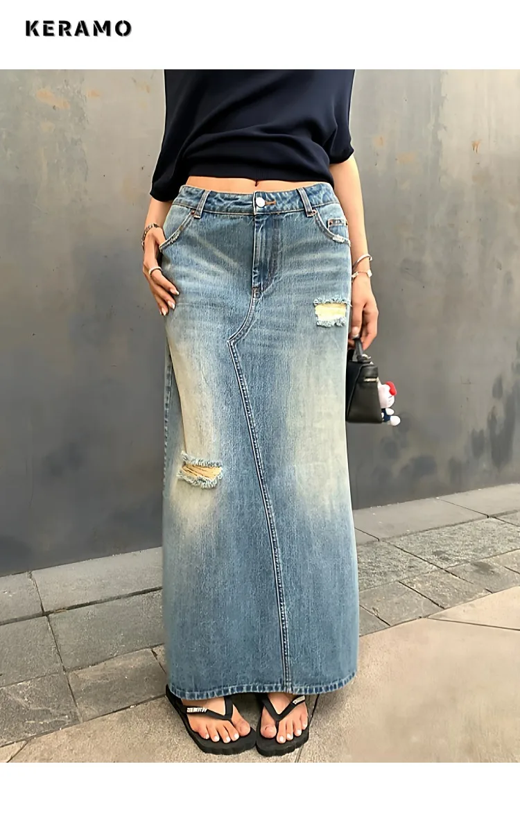 

2025 Winter Vintage High Street Harajuku Ripped Denim Skirt Women's Y2K Retro High Waist A-Line Lady Damage Sheath Skirt