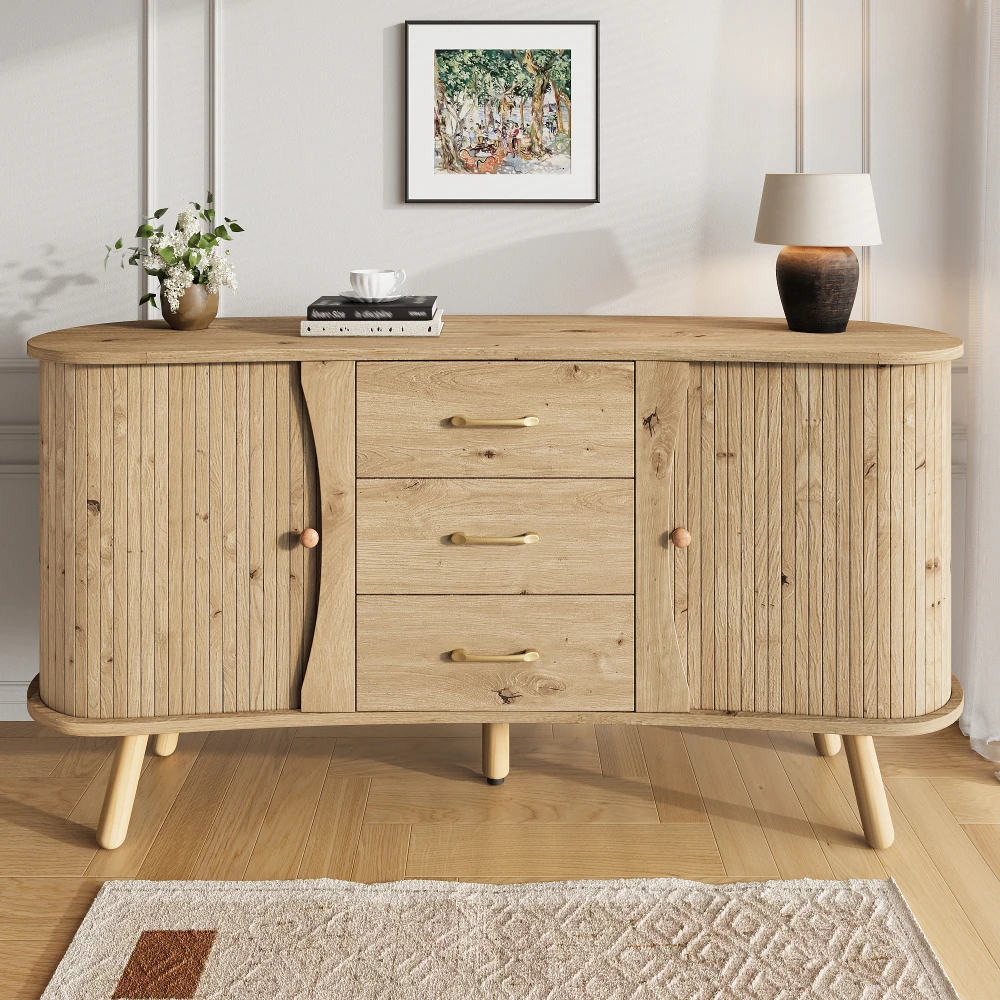 PINGGO Ovales Sideboard mit Rillendesign, 2 Schiebetüren, 3 Schubladen, Verstellbare Regale, Massivholzbeine, Holzoptik im Skandinavischen Stil