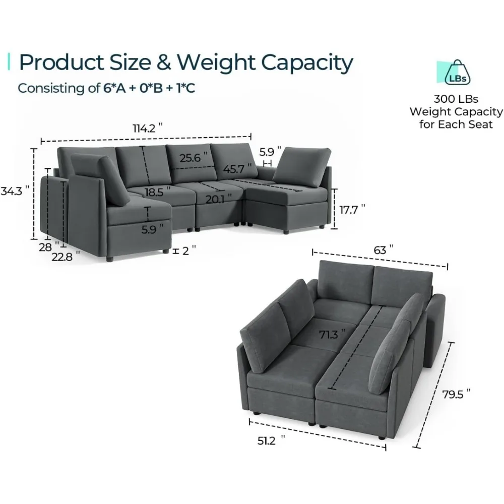 Modular Sofa, Sectional Couch U Shaped Sofa with Storage, Memory Foam, 6 Seat Sectionals Chaise for Living Room, Dark Grey