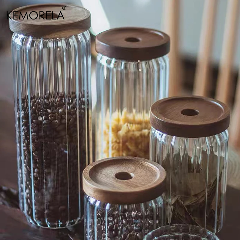 Glass Storage Jar With Acacia Wooden Cover Kitchen Snacks Tea Coffee Bean High Capacity High borosilicate Sealed Storage Bottles