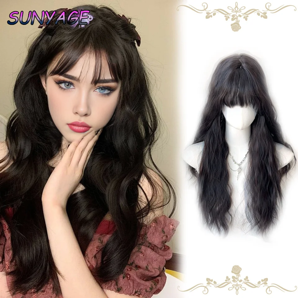 

SUNYAGE New wig female Qi bangs long curly black big wave long vacation high temperature silk synthetic fiber hair
