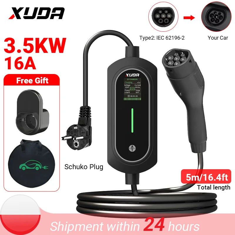 Chargeur EV de type 2, 3,5 kW, 16 A, longueur 5 m, IP66, chargeur rapide portable avec moniteur de données en temps réel, courant réglable 6/8/10/13/16 A