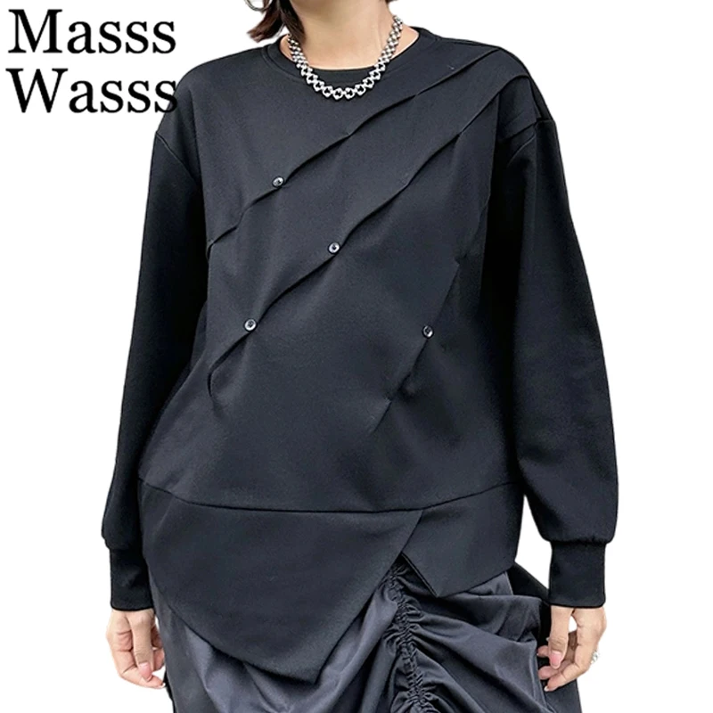 

Mass Wasss, зимние британские однотонные винтажные топы 202, женские свободные классические футболки с длинными рукавами, женская повседневная модная одежда с круглым вырезом