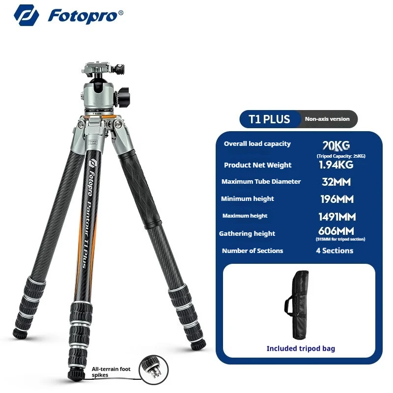 

Fotopro T1 PLUS Carbon Fibre Tripod: Portable Outdoor Photography Stand with 32mm Large-Diameter Legs and Stability Lock