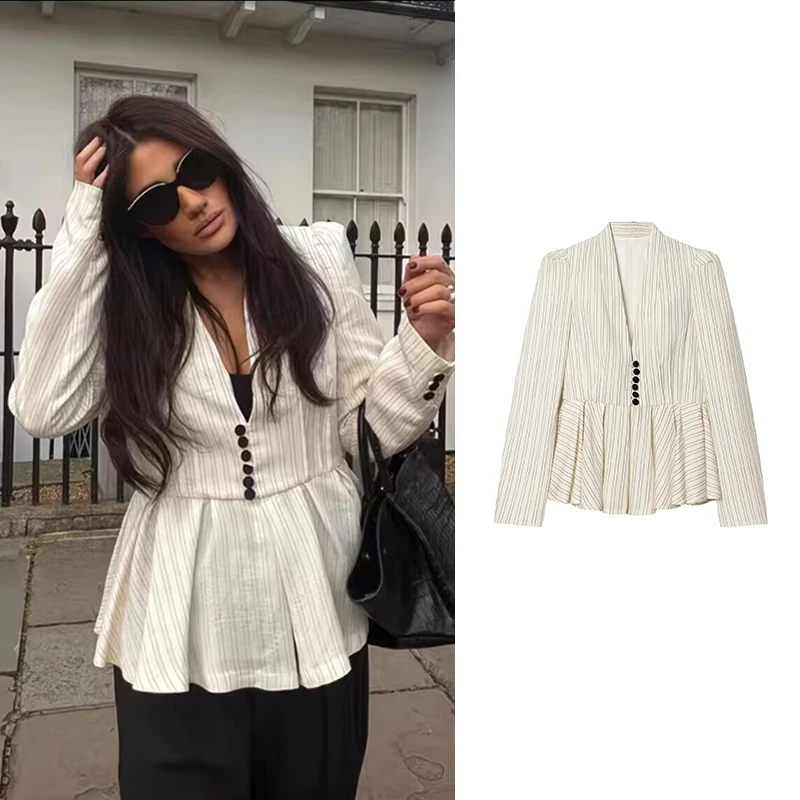 

Spring Women's Blazers 2026 New Jackets Fashion Striped Slim V-neck Commuter Coats Unique Elegant Youth Spring Travel Jackets