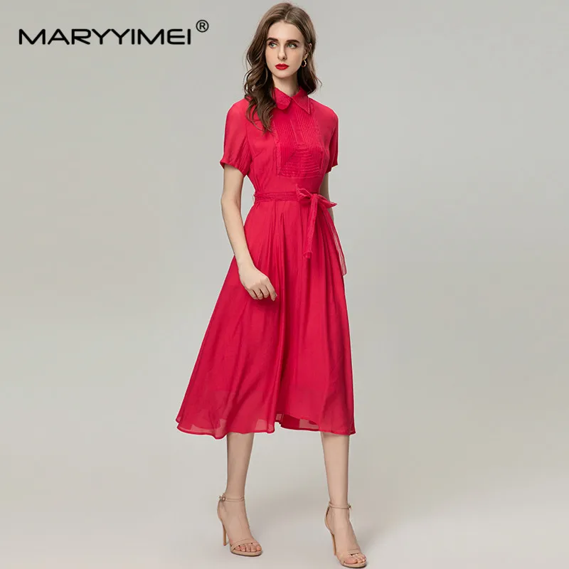 MARYYIMEI Fashion Women's New Vintage Shirt Collar Short-Sleeved Pleated Lace-Up Elegant A-Line Party Prom Dress MIDI Dresses